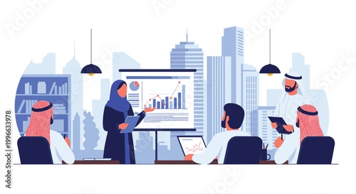 Group of Arab business professionals wearing traditional clothing while conducting a meeting and analyzing charts in a modern office.