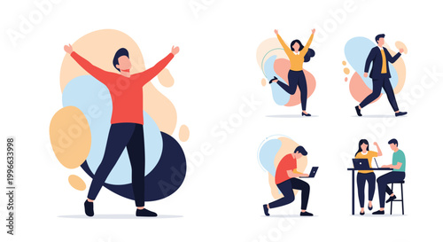 Set of people in various active and professional poses including a man jumping for joy and individuals working on their laptops.