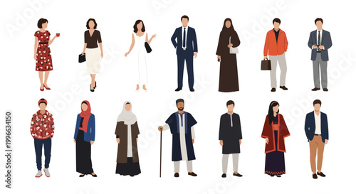 Diverse set of people from around the world wearing various cultural, religious, and professional outfits in a clean flat design.