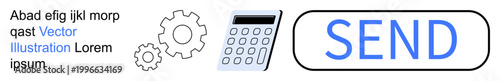 Technology, efficiency, workflow, productivity, operations, innovation. Cogs, calculator and a send button in a minimal design. Technology and efficiency concepts