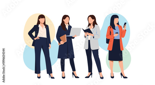 Professional businesswomen in stylish corporate attire standing confidently and performing different work-related tasks.