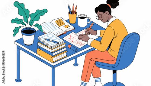 Young Woman Studying at Desk with Books and Coffee, Flat Vector Illustration