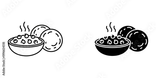 Chole bhature icon set showing bowl of chickpea curry and fried bread for traditional indian breakfast and street food menu design in black and white line art and solid glyph styles for web banners.