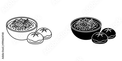 Chili con carne with bread rolls line and glyph icon traditional mexican food vector illustration design element object isolated on white background.