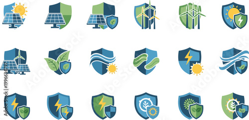 Renewable energy icon vector illustrations with eco‑friendly symbols