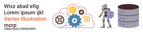 Data security, artificial intelligence, cloud storage, technology innovation, automation, digital infrastructure. Gears in a cloud, a robot holding a shield and a server rack. Data security