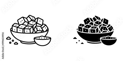 Collection of flat icons representing food dishes with cubes of cheese and small portions of grains in bowls with outlines and solid fills for digital and print use.