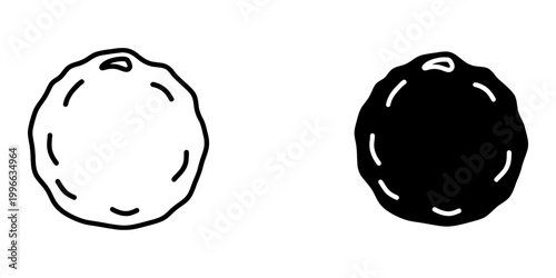 Outline and solid black silhouette of a round, rustic shaped bread with wavy edges and small notches on a plain white background for food design.