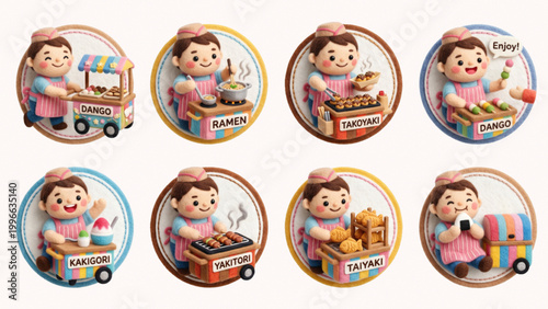 Cute street food vendor character set with Japanese food