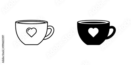 Coffee cup heart icon set for valentine day and cafe branding including linear and solid black versions of porcelain mug symbols for hot beverage lovers and romantic breakfast illustration design.