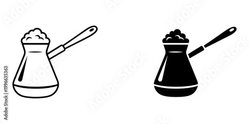 Turkish coffee cezve icon set with foam and traditional handle in outline and black silhouette styles for oriental cafe menu design and ethnic beverage brewing shop branding vector illustration.