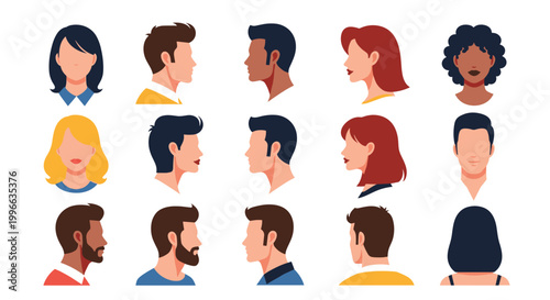 Collection of diverse human avatars in front and profile views showcasing various ethnicities and hairstyles for social media profiles.