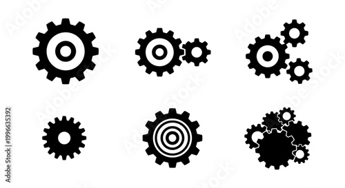 Foto Set of Six Black Gear Icons, Mechanical Cogwheel Symbols, Engineering Components