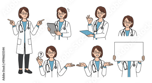 Set of character designs featuring a female doctor in various professional poses, gestures, and holding medical documents for healthcare use.