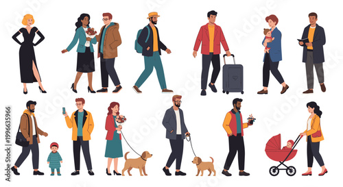 Collection of various pedestrians including people with luggage, parents with strollers, and individuals walking dogs in a city setting.