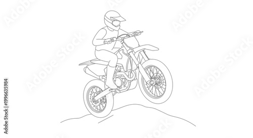 A black and white line drawing depicts a person in full racing gear on a dirt bike mid-air over a small mound of dirt.