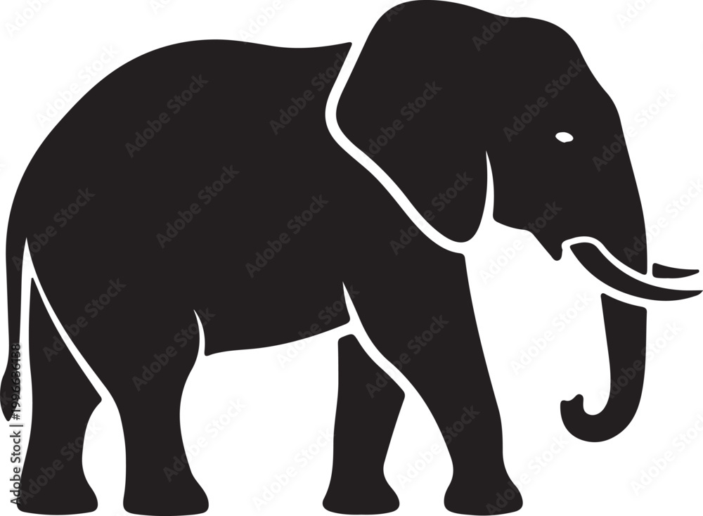 Fototapeta premium Cute cartoon elephant silhouette with trunk curled isolated on transparent background