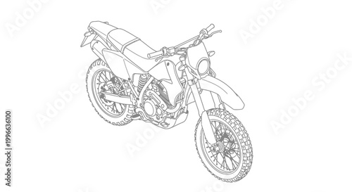 A detailed black and white line drawing of a dirt bike, showcasing its mechanical components and design.