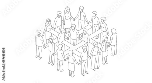 An isometric line drawing depicts a diverse group of people holding hands in a circle around a central structure, symbolizing unity and community.