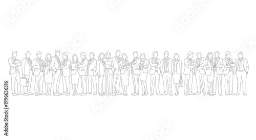 A detailed line drawing depicts a diverse group of people standing in a long, unified line, showcasing a variety of individuals.