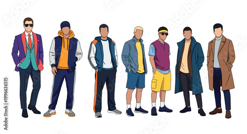 Men's fashion collection displays various stylish outfits ranging from formal suits and long coats to casual streetwear and athletic gear.