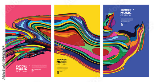 Colorful abstract music festival posters with vibrant wave patterns