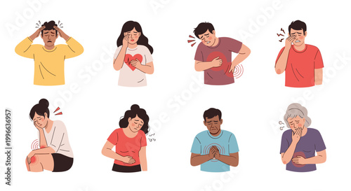 Illustrations of various people suffering from different medical conditions like fever, heart pain, stomach ache, and joint discomfort.