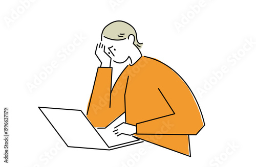 ノートパソコンで作業をしながら困り顔を見せる女性