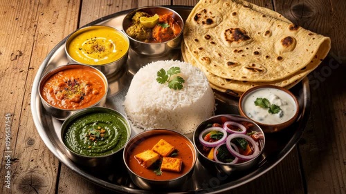 Traditional Indian thali with assorted curries rice flatbread and yogurt on wooden table