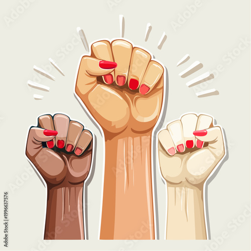 Three raised fists with red nail polish symbolizing unity and protest