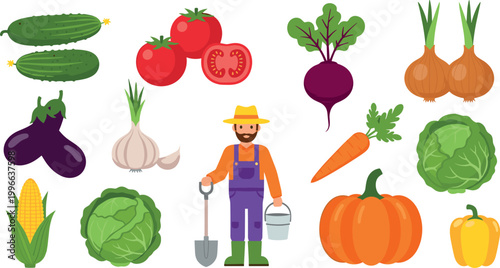 Cute Farmer and Assorted Organic Vegetables Onion Corn Beetroot Pumpkin Pepper Vector Set
