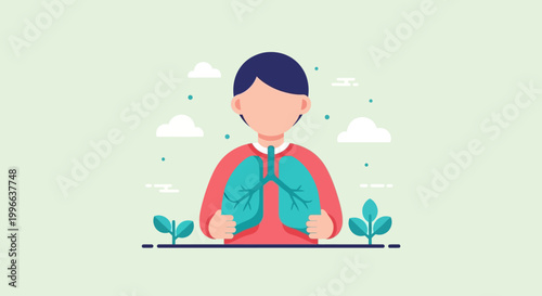 Healthy Boy Character with Clean Lungs Illustration in Fresh Garden Environment for World No Tobacco Day