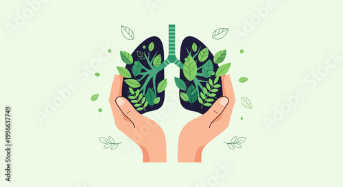 Hands Protecting Green Leafy Lungs Illustration for World No Tobacco Day and Environmental Health Campaign