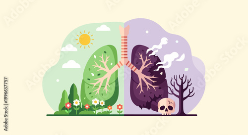 Lungs Comparison Illustration Between Fresh Green Nature and Dark Smoker Lungs with Skull for World No Tobacco Day