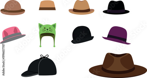 Hat collection with various headwear styles including fedora, cap, and winter hats for fashion, accessory, and clothing illustration design