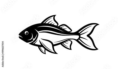 Minimalist black and white vector illustration of a fish, isolated on white background.