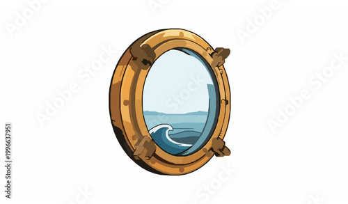 Vintage brass ship porthole overlooking ocean waves, nautical vector art