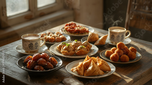 Assorted Traditional Snacks and Coffee on Rustic Table