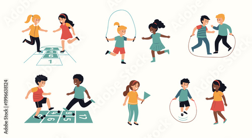 Diverse group of children enjoys traditional outdoor games like hopscotch and jump rope in a lively and active playground scene.