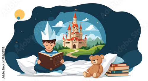 Young boy in a paper crown reads a storybook and imagines a majestic fairy tale castle in a world of fantasy and dreams.