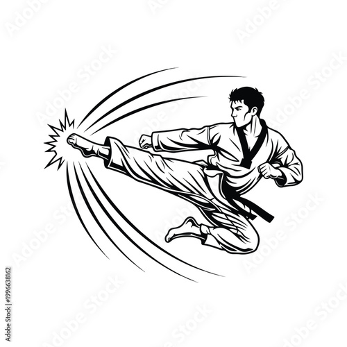 A dynamic black and white illustration depicts a martial artist executing a powerful flying kick, showcasing intense focus and athletic movement against a clean backdrop