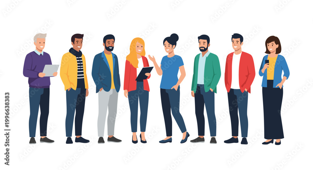 Obraz premium Group of diverse friends in colorful casual clothing stand together in a row smiling and representing a multicultural community or team.