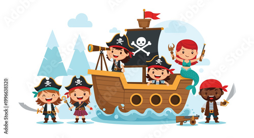Group of cheerful children dressed as pirates and a mermaid play on a small wooden pirate ship with a skull and crossbones flag.