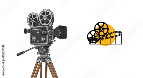 Professional vintage cinema camera mounted on a wooden tripod shown alongside a modern movie film reel icon with a yellow sun.
