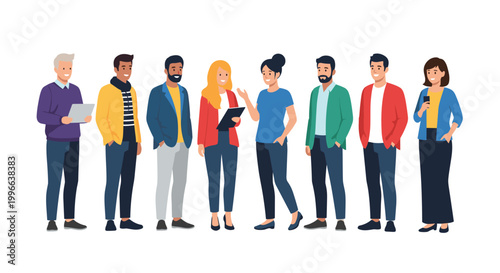 Group of diverse friends in colorful casual clothing stand together in a row smiling and representing a multicultural community or team.