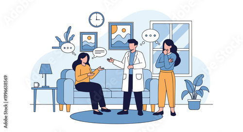 Female patient consults with a male doctor in a white coat while another woman looks on in a comfortable domestic living room setting.