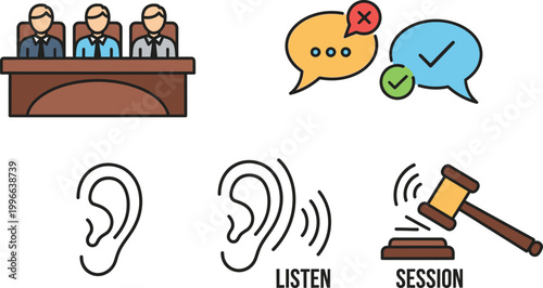 Legal conference icons depicting a professional meeting, feedback bubbles, and a gavel signify the formal processes of judicial deliberation.