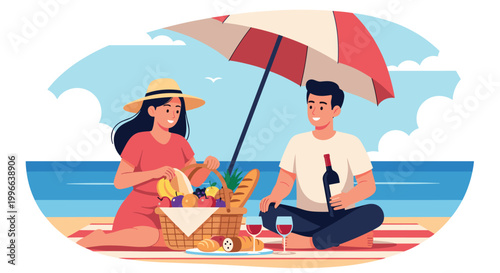 Happy couple enjoys a romantic picnic on a sandy beach under a large umbrella with fruit, wine, and a beautiful ocean view.