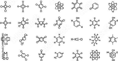 Chemistry molecule icons set scientific structures formulas atoms bonds outline vector collection isolated design