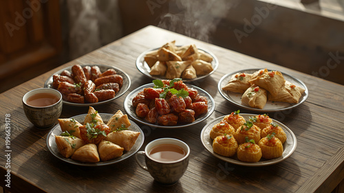 Assorted Traditional Snacks and Coffee on Rustic Table